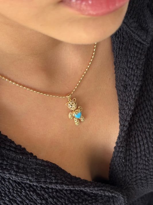 Cadena De Oso Con Corazon Azul