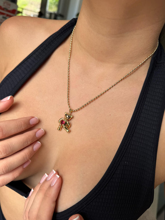 Cadena De Oso Dorado Con Corazon Rojo