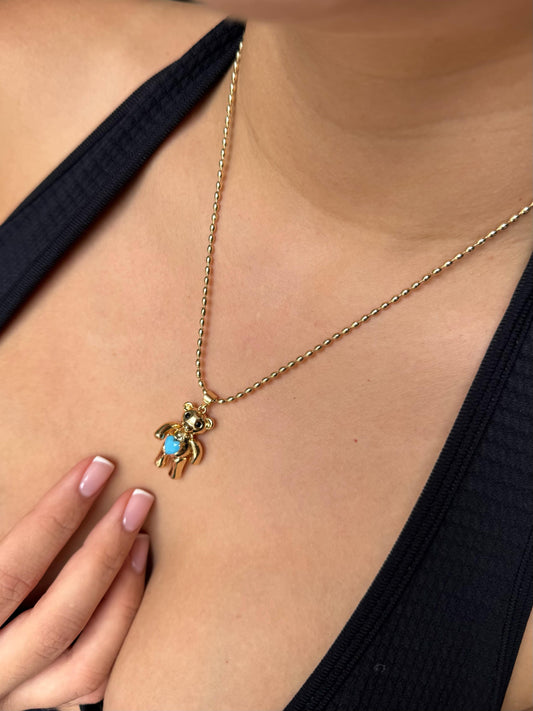 Cadena de Oso Dorado con Corazón Azul