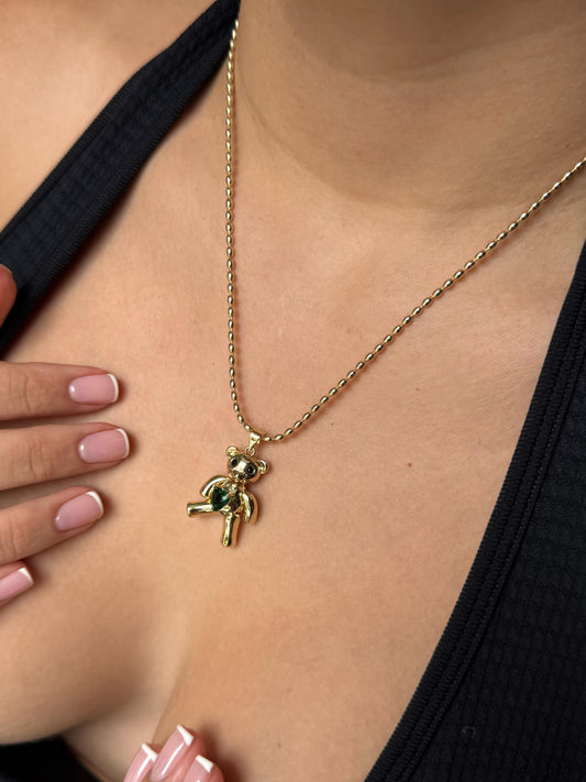 Cadena de Oso Dorado con Corazón Verde